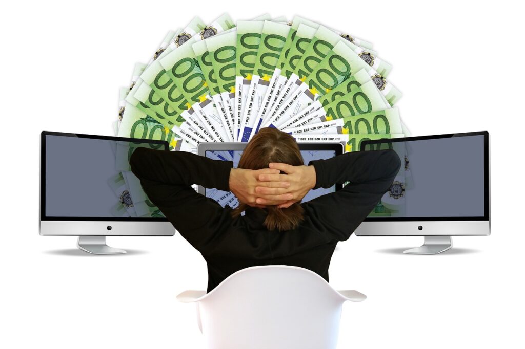 woman, euro, earn money, online, earn, online banking, relaxed, the back, monitor, work, viewing, completion, done, earn money, earn money, earn money, earn money, earn money, earn